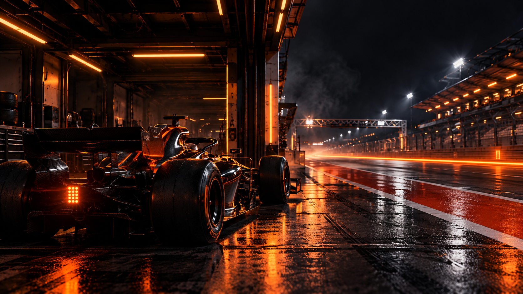 Race car in a pit garage at night beside a lit track